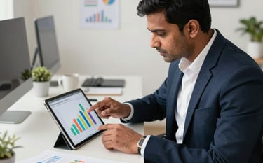 A digital marketing professional in a stylish South Asian / Indian workspace, analyzing colorful growth metrics on a sleek tablet device. The atmosphere is sophisticated and results-oriented, using a Deep Navy and Off-White palette to convey clarity and expertise.