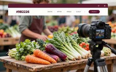 Behind-the-scenes shot of a digital marketing agency photographing fresh, locally sourced vegetables from a farmer's market. A professional camera on a tripod is focused on vibrant produce on a rustic table. Brand vibe: refined, down-to-earth yet professional. Palette notes: #9B2226, #4A5F40, #FBF8F2, #2C2623.