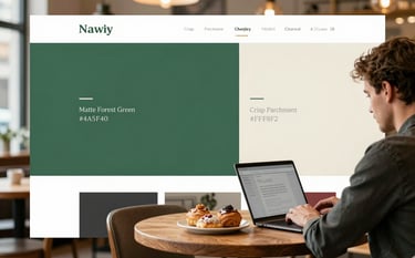 A cozy, Scandinavian-style restaurant interior with warm natural lighting. A digital marketing agency professional is sitting at a wooden table, planning content on a laptop next to a plate of artisanal pastries. Brand vibe: refined, inviting, trustworthy. Palette notes: incorporate hints of Deep Ripe Crimson (#9B2226), Matte Forest Green (#4A5F40), Crisp Parchment (#FBF8F2), and Charcoal (#2C2623).