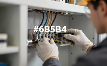 Close-up of professional engineering work, featuring tidy electrical wiring and modern plumbing installation. The lighting is crisp and emphasizes reliability and technical precision. Professional mood using brand colors #6B5B4F and #26211E.