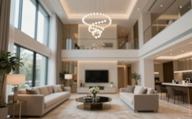 A wide, professional architectural shot of a fully finished luxury apartment. The space is warm, inviting, and exudes sophisticated comfort. High-end lighting design and premium materials are showcased. Incorporating #F2ECE7 and #6B5B4F.