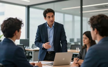 Photography of a professional South American / Brazilian workshop environment. A focused mentor in a sharp business casual outfit is coaching a young professional in a sunlit, modern office with glass walls. Palette dominated by dark navy and medium blue accents. Crisp, authoritative atmosphere.