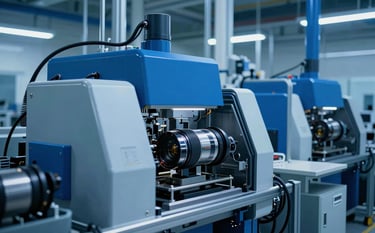 A cinematic wide shot of a high-tech manufacturing facility. The scene is bathed in cool royal blue tones, featuring sharp industrial machinery and clean architectural lines. High-end commercial photography style with a shallow depth of field.