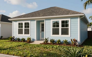 Photography of a beautiful suburban residential exterior in a North American / Florida neighborhood. The house features modern non-impact windows with clean white frames that contrast against pale mist blue siding. The composition is wide-angle, showing a well-maintained lawn under bright afternoon sun.