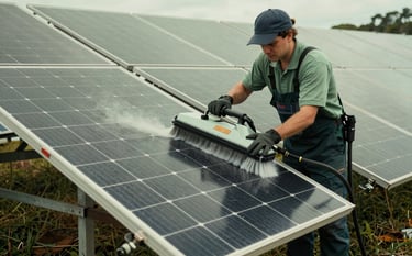 Detailed shot of solar panels being cleaned with professional equipment in a South American / Brazilian solar farm. Muted Sage Green and Pale Mist Green color palette, reflecting a sustainable and modern approach.
