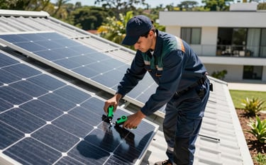 A professional technician in a Dark Navy Teal uniform installing solar panels on the roof of a modern South American / Brazilian residence. Bright sunlight, Forest Green accents on tools, high-quality photography, clean and modern aesthetic.