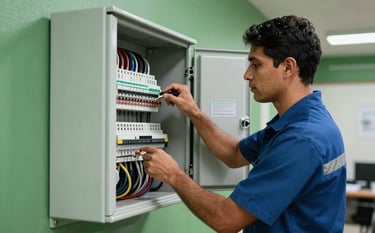 A skilled South American / Brazilian electrician working on a modern electrical panel in a well-lit interior. The setting is professional with Forest Green and Muted Sage Green tones in the background, conveying safety and expertise.