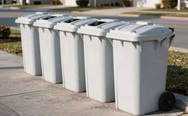Photography of a row of bright, sanitized trash bins on a clean paved surface in a North American / US / Floridian suburban setting, bright morning sunlight, soft pearl grey shadows, highlighting cleanliness and order.