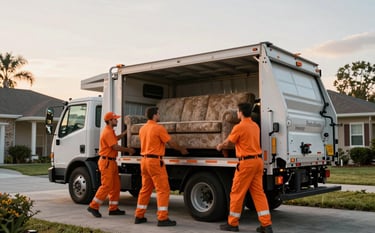 Photography of professional movers in vibrant sunset orange uniforms loading a bulky old sofa onto a clean junk removal truck parked in a North American / US / Floridian residential driveway, soft pearl grey morning lighting, efficient and professional atmosphere.