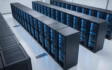A high-angle, wide shot of a futuristic, ultra-clean data center located in North American / US. The room is filled with rows of sleek server racks emitting soft medium blue and light blue glows. The floor is a polished white surface, reflecting the technological brilliance of the hardware.