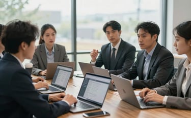 A professional North American / US business meeting environment where diverse experts are discussing IT procurement. Soft daylight enters through large windows, and high-end laptops are open on a wooden table, showing professional management software.