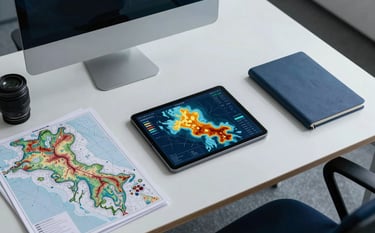 A top-down view of a professional's desk in a modern International / Global corporate office. On the desk are high-resolution geological maps and a sleek tablet showing petroleum data. The lighting is bright and clean, incorporating steel blue and deep navy blue tones in the equipment and shadows.