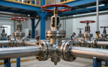 A close-up photograph of modern industrial petroleum valves and pipes at a state-of-the-art facility. The setting is a clean, organized International / Global industrial site. The metal surfaces reflect a subtle golden accent light against a backdrop of steel blue structural elements.