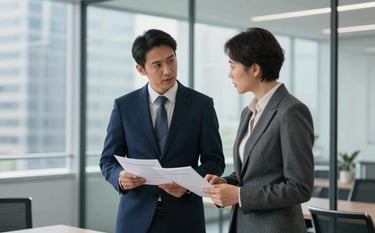 Two professionals in professional business attire, a deep navy blue suit and a charcoal gray outfit, discussing reports in an elegant, glass-walled boardroom in an International / Global business district. The atmosphere is calm and expert, with soft pale blue-gray lighting.