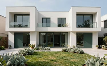 A street-level professional photograph of completed luxury minimalist villas. The architecture features sharp mist white lines, dark charcoal green door frames, and expansive glass. The foreground includes manicured lawns and soft sage colored shrubbery under bright daylight.