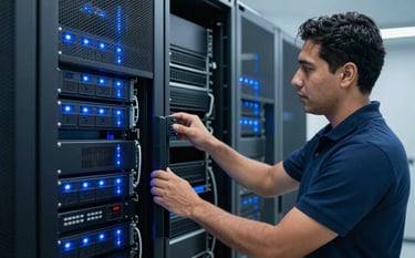 A database administrator in a Latin American / Spanish data center room, inspecting high-end server racks with blinking blue LED lights, representing reliability and SQL expertise with dark navy and pale blue tones.