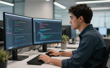 A professional software developer working in a modern Latin American / Spanish office, focused on high-resolution screens displaying clean code, with soft white and steel blue ambient lighting in a professional environment.