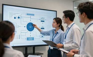 A team of technicians in a Latin American / Spanish corporate office discussing technical infrastructure diagrams on a screen, emphasizing steel blue and soft white professional colors.