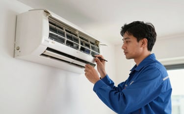 A professional technician in a clean steel blue uniform meticulously inspecting a modern white split air conditioner in a bright Noida apartment. The lighting is soft and natural, emphasizing a professional calm and efficiency, with off-white walls in the background.