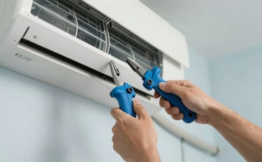 Close-up photography of a technician's hands using professional tools to secure an AC unit to a wall. The composition is clean and modern, focusing on expert installation. The color palette features steel blue tools and pale mist surroundings.