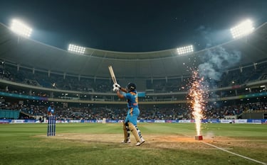 A high-energy photography shot of a professional cricket stadium in India during a night match, bright stadium lights creating a glow, deep dark blue shadows, amber and gold sparks in the atmosphere, cinematic sports composition.
