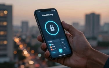 Cinematic photography of a sleek, high-tech interface on a mobile device being held by a user in a South Asian urban setting at dusk, amber city lights in the background, focused on speed and security.