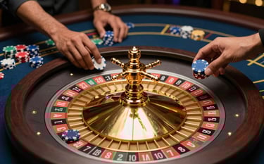 Close-up photography of a luxury casino table, golden roulette wheel, and South Asian hands holding high-value betting chips, sophisticated dark blue and amber lighting, modern and upscale atmosphere.