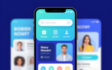 Close-up of a mobile interface showing a vibrant e-commerce app with fluid transitions. The style is energetic and modern, featuring #8BB6CA and #ECF3F6 highlights against a deep #2E4E6A background.