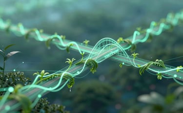 An abstract, futuristic representation of data flowing like green vines through a digital network. Glowing lines of energy in #84B1A8 and #F0F7F6 form a secure bridge. The composition is expansive, suggesting unlimited possibilities. Modern elegance and high-tech sustainability.