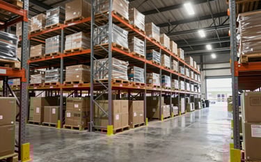 Interior of a modern, organized logistics warehouse in Texas. Tall steel shelving units, polished concrete floors, and bright overhead lighting. Professional, clean industrial atmosphere.