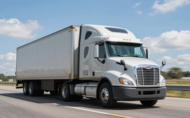 A clean semi-truck with a silver trailer driving on a wide North American highway under a bright blue sky. Professional photography, low angle, sharp focus on the truck cabin, conveying speed and reliability.