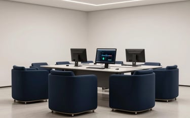 A photography of a clean, futuristic executive office in the Global / Tech Industry. Deep navy furniture and soft off-white walls provide a professional, high-end atmosphere for high-level software planning.