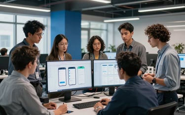 A team of diverse professionals in a Global / Tech Industry hub collaborating over high-tech displays showing mobile app frameworks. The room has mid blue architectural accents and steel blue lighting for a modern feel.