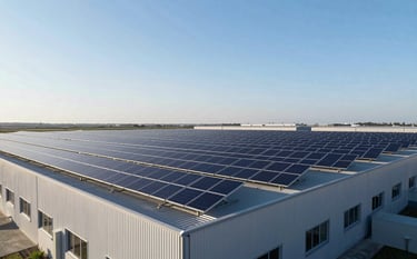 A wide-angle landscape shot of a large solar panel installation on the roof of a modern European / French warehouse. The sky is a clear light blue, and the panels reflect the morning sun. The composition emphasizes efficiency and industrial scale.