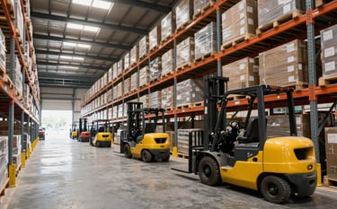 Interior view of a spacious, organized warehouse in Haryana, India. High ceilings, industrial racking systems, and modern forklifts are visible, emphasizing safety, storage efficiency, and professional inventory management.