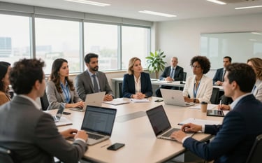 A professional South American corporate setting where a diverse group of experts are gathered in a modern, sunlit training room in Brazil. They are focused on a presentation, with a clean and organized atmosphere reflecting efficiency and high-level education.