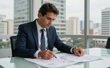 A sharp, high-contrast photograph of a South American business executive in a high-rise office in São Paulo, reviewing detailed process maps on a clean glass table. The lighting is professional and modern, using navy and off-white tones.