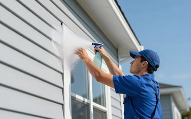 A professional technician applying a gentle soft-wash solution to the vinyl siding of a modern home. The house looks pristine and well-cared for. Clear blue sky and sharp focus on the meticulous detail of the siding. Modern aesthetic with colors #3D6D8A and #EBF2F7 visible in the house exterior and sky.