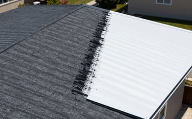 A high-angle view of a residential roof showing a dramatic before-and-after contrast. Half is stained with black streaks, the other half is clean and like-new. The lighting is crisp, emphasizing meticulous care and trustworthy results. Palette features #1A2A3A in the roof tiles.