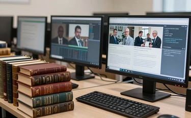 An academic workspace in Brazil featuring high-tech monitors showing security data alongside classic leather-bound books. Represents the fusion of historical research and modern defense studies in an intellectual, clean environment.