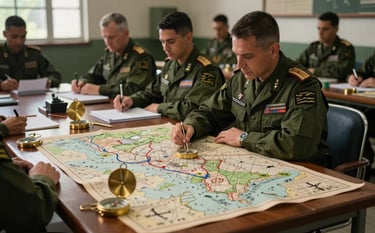 A professional and authoritative setting in a South American military academy, showing a strategic planning table with brass compasses and historical maps. The scene conveys expert military history and defense strategy through soft, dramatic lighting.