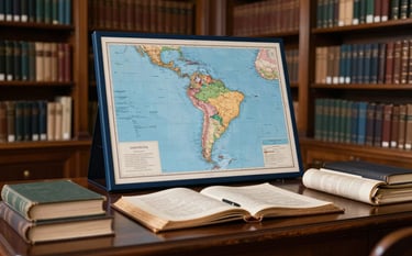A high-end, intellectual photograph of a sophisticated South American library with dark wood shelves and a focused academic atmosphere. Soft natural light illuminates a desk with old manuscripts and a map of South America. The color palette features deep navy and steel blue tones.