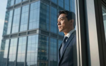 An executive looking thoughtfully through a glass window of a modern European / French skyscraper, soft steel blue and deep ocean blue palette, high-end photography.