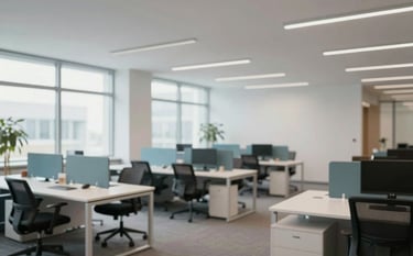 A bright, modern office space in Bremen with large windows and clean desks. The atmosphere is professional and orderly. Soft lighting highlights the dust-free surfaces. Subtle brand colors like #4C728C are visible in the office decor. Wide shot, professional architectural photography style.