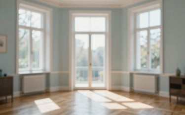 A pristine residential living room in Bremen with sunlight streaming through crystal-clear windows. The wooden floor reflects the light perfectly. The scene is calm and organized, incorporating tones of #A7BFCF and #F4F8FC. High-resolution photography focusing on the clarity of the glass.