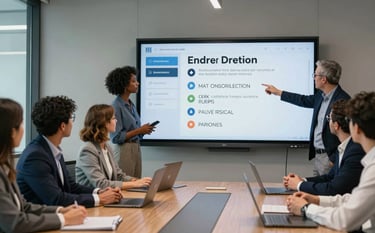 A diverse team of professionals in a North American corporate boardroom collaborating on a large digital strategy screen, focused on high-level branding and lead generation.