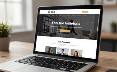 Close-up of a high-end laptop display showing a sleek, modern responsive website design for a real estate firm, located in a contemporary North American workspace with soft morning light.