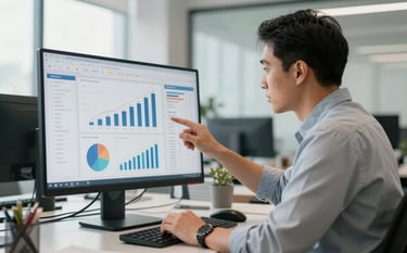 A professional North American marketing expert in a bright, modern office reviewing analytical data charts on a high-resolution monitor, emphasizing business growth and precision, clean professional atmosphere.