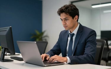 A professional accountant in a modern South American / Brazilian office, focused on a laptop with clean lines, featuring soft desk lighting and accents of dark navy and slate blue in the decor.