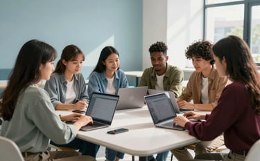 A group of diverse university students in a bright, modern North American campus lounge, collaborating around a sleek white table with laptops. The setting is tech-forward and friendly, with soft light blue accents on the walls and natural sunlight.
